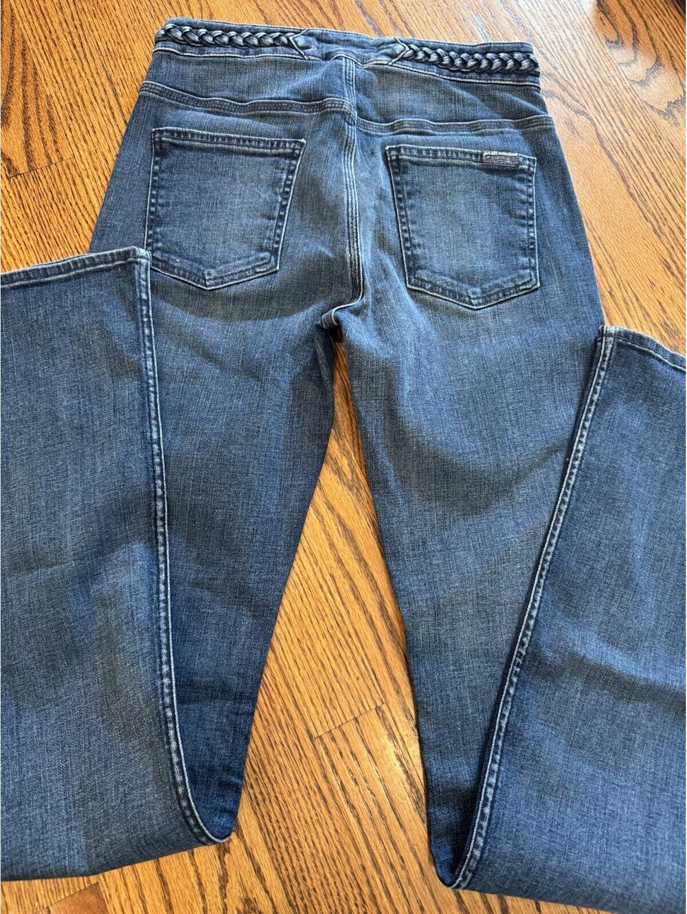 7 For All Mankind Women's Braided High Rise Flare Blue Denim Stretch Jeans Sz 28 - Picture 7 of 8